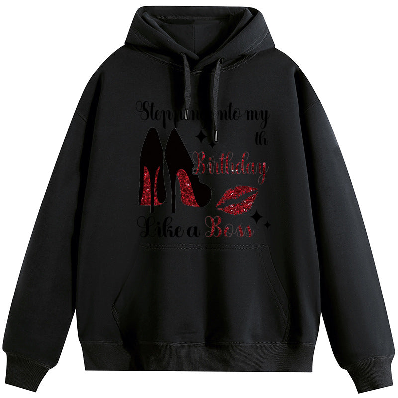 High heels and red lips Cotton Plush Hooded Collar Drawstring Hoodies Pullover Sweatshirts Casual Long Sleeve Shirts