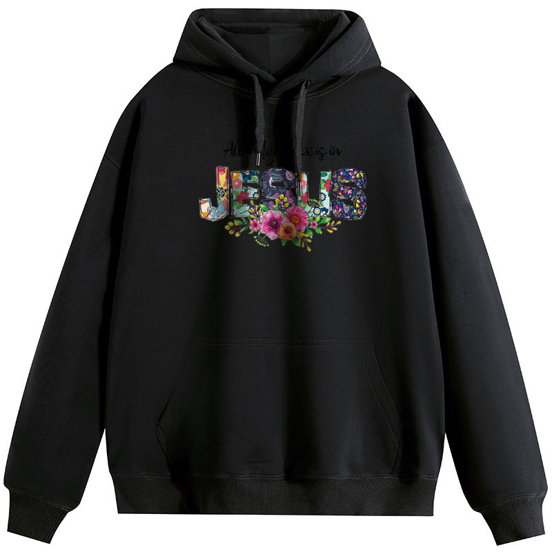 Jesus in the Flowers Cotton Plush Hooded Collar Drawstring Hoodies Pullover Sweatshirts Casual Long Sleeve Shirts