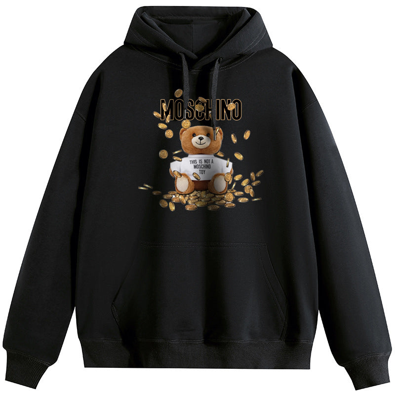 A Rich Bear Plush Hooded Collar Drawstring Hoodies Pullover Sweatshirts Casual Long Sleeve Shirts