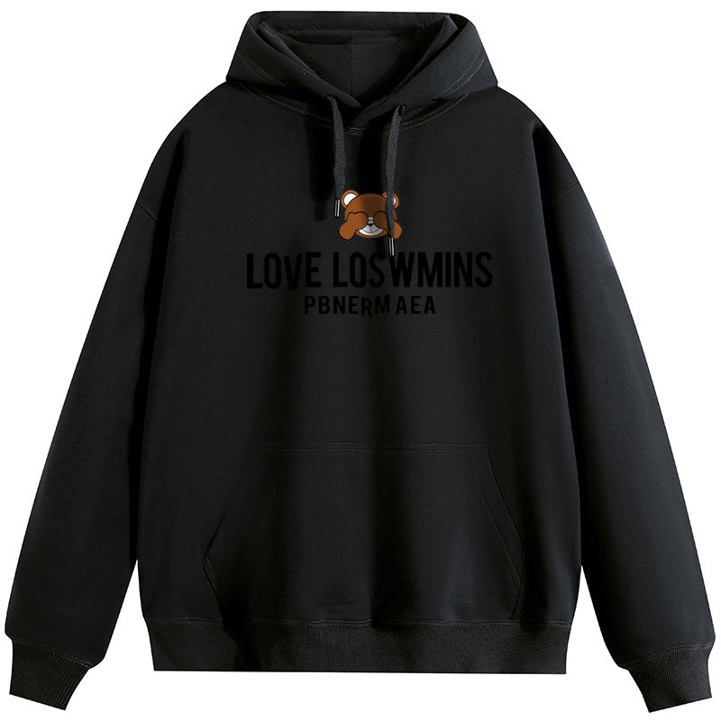 Love Bear Plush Hooded Collar Drawstring Hoodies Pullover Sweatshirts Casual Long Sleeve Shirts