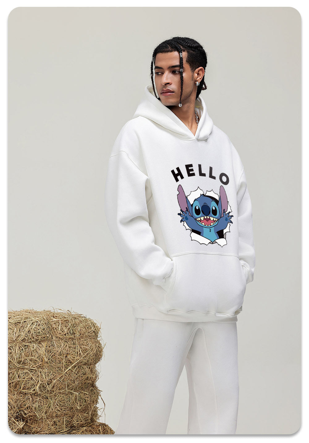 HELLO Stitch Cotton Hooded Collar Pullover Sweatshirts Casual Long Sleeve Shirts