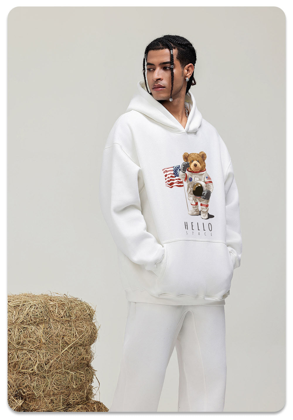 Space Bear Cotton Hooded Collar Pullover Sweatshirts Casual Long Sleeve Shirts