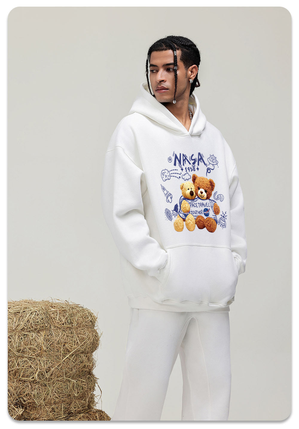 NASA Bear Cotton Hooded Collar Pullover Sweatshirts Casual Long Sleeve Shirts