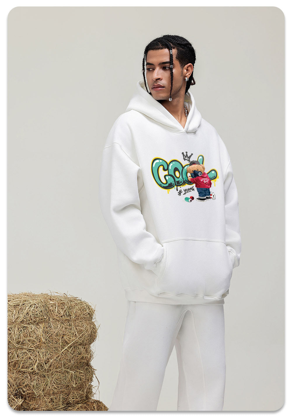 Art Bear Cotton Hooded Collar Pullover Sweatshirts Casual Long Sleeve Shirts