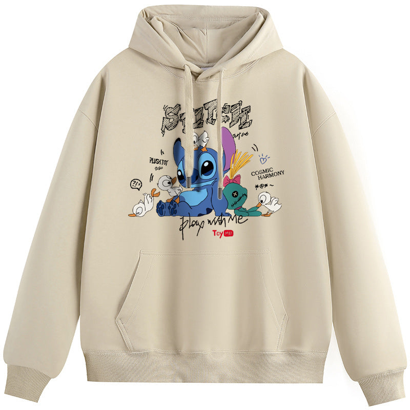 Duckling and Stitch  Unisex Plush Hooded Collar Drawstring Hoodies Pullover Sweatshirts Casual Long Sleeve Shirts