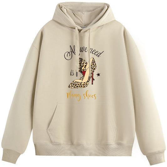 Leopard print high heels Cotton Plush Hooded Collar Drawstring Hoodies Pullover Sweatshirts Casual Long Sleeve Shirts