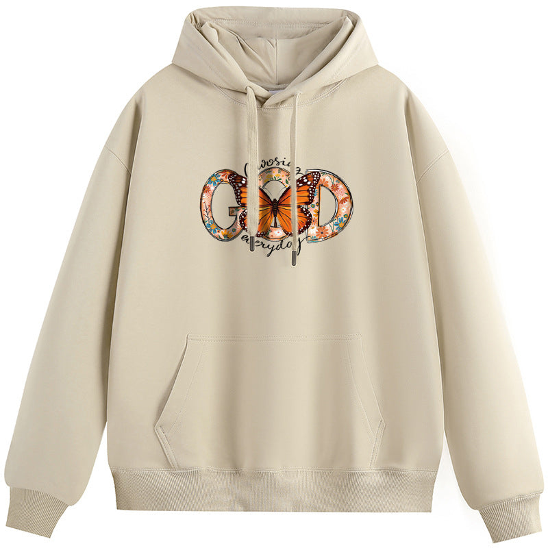 God Behind the Butterfly Cotton Plush Hooded Collar Drawstring Hoodies Pullover Sweatshirts Casual Long Sleeve Shirts