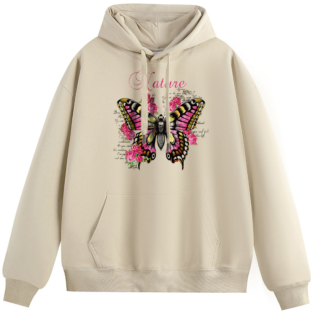 Butterflies and flowers Cotton Plush Hooded Collar Drawstring Hoodies Pullover Sweatshirts Casual Long Sleeve Shirts