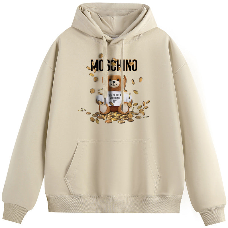 A Rich Bear Plush Hooded Collar Drawstring Hoodies Pullover Sweatshirts Casual Long Sleeve Shirts