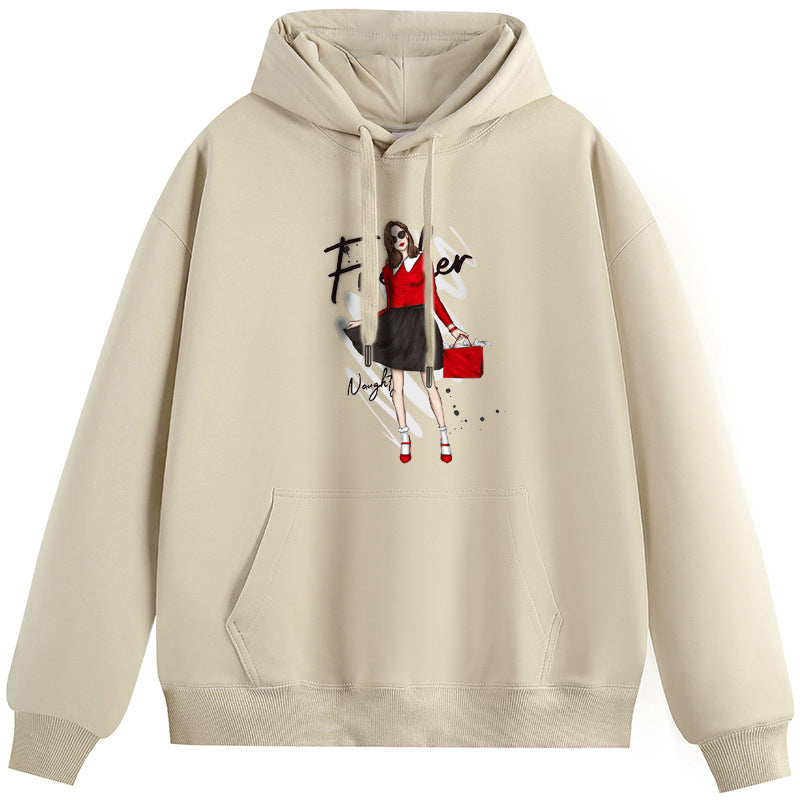 Modern girl in red Cotton Plush Hooded Collar Drawstring Hoodies Pullover Sweatshirts Casual Long Sleeve Shirts