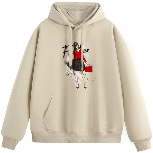 Modern girl in red Cotton Plush Hooded Collar Drawstring Hoodies Pullover Sweatshirts Casual Long Sleeve Shirts