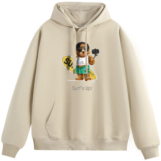 Skateboard Bear  Unisex Plush Hooded Collar Drawstring Hoodies Pullover Sweatshirts Casual Long Sleeve Shirts