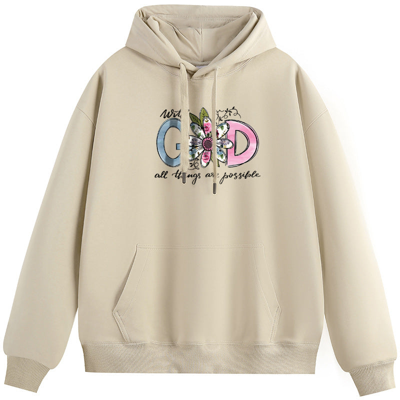 GOD Cotton Plush Hooded Collar Drawstring Hoodies Pullover Sweatshirts Casual Long Sleeve Shirts