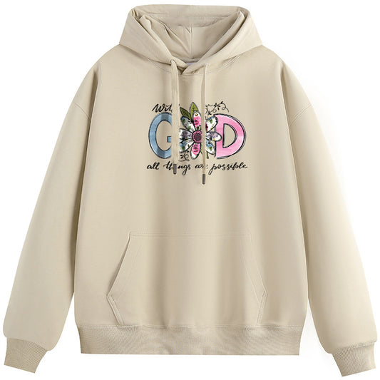 GOD Cotton Plush Hooded Collar Drawstring Hoodies Pullover Sweatshirts Casual Long Sleeve Shirts