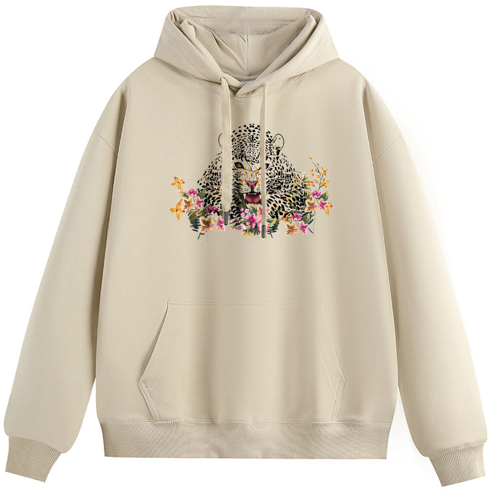 Tiger in the flowers Cotton Plush Hooded Collar Drawstring Hoodies Pullover Sweatshirts Casual Long Sleeve Shirts