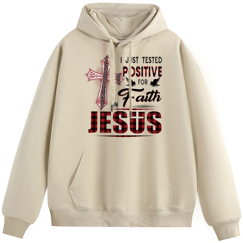 JESUS Plush Hooded Collar Drawstring Hoodies Pullover Sweatshirts Casual Long Sleeve Shirts