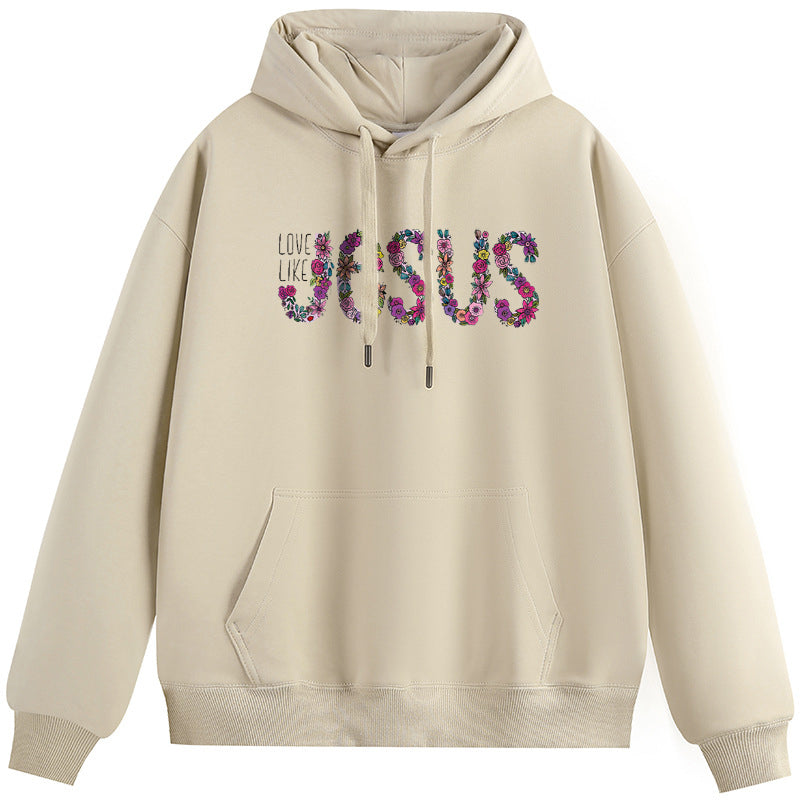 Jesus' Love Cotton Plush Hooded Collar Drawstring Hoodies Pullover Sweatshirts Casual Long Sleeve Shirts