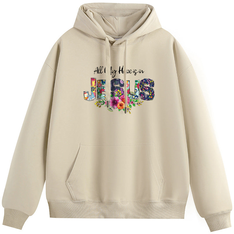 Jesus in the Flowers Cotton Plush Hooded Collar Drawstring Hoodies Pullover Sweatshirts Casual Long Sleeve Shirts