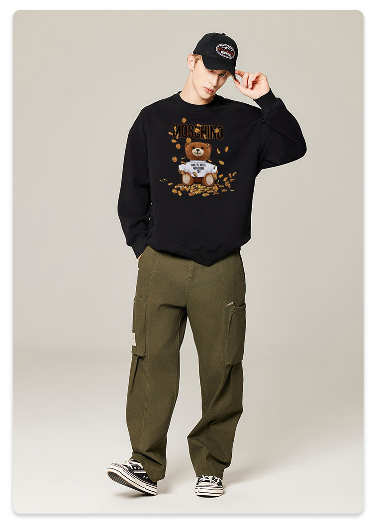 Cute Coin Teddy Bear Printed Unisex Crew Neck Fleece Hoodies Couple Sweatshirts