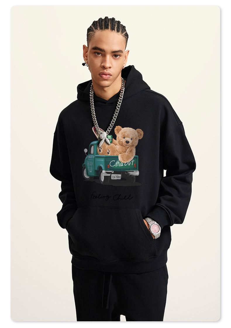 Bear in car Cotton Hooded Collar Pullover Sweatshirts Casual Long Sleeve Shirts