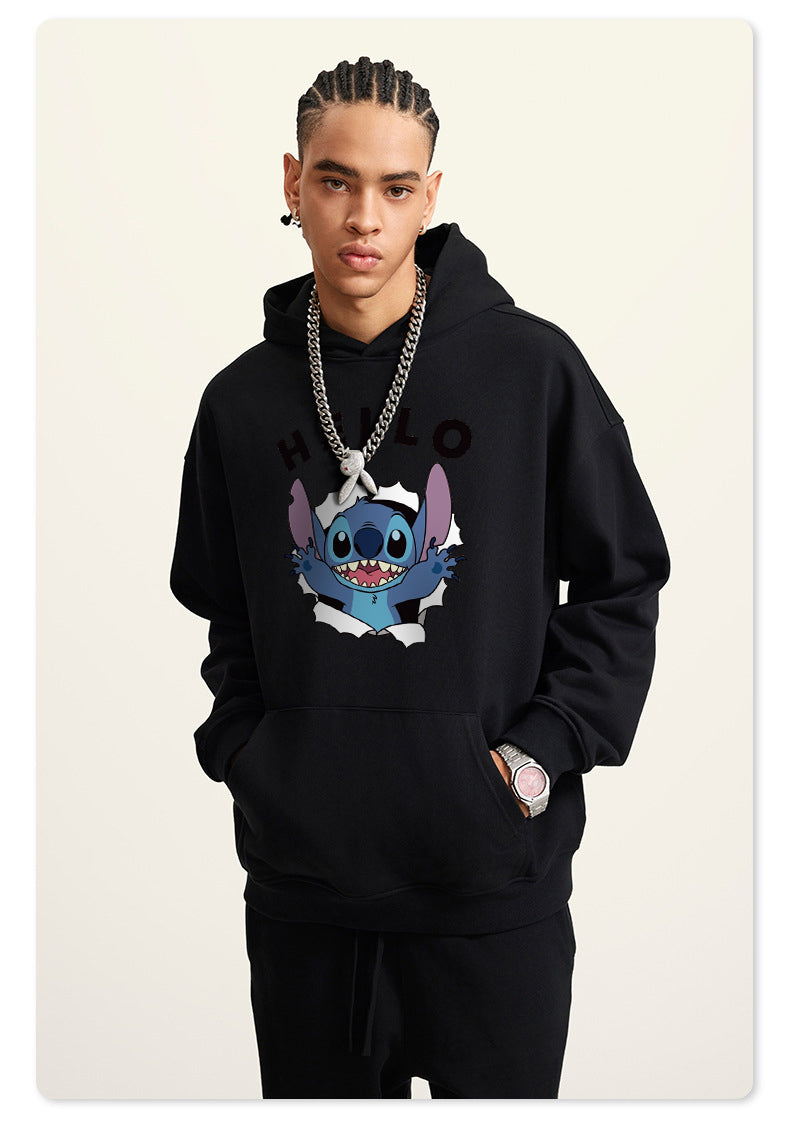 HELLO Stitch Cotton Hooded Collar Pullover Sweatshirts Casual Long Sleeve Shirts