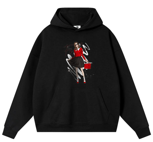 Modern girl in red Cotton Hooded Collar Pullover Sweatshirts Casual Long Sleeve Shirts