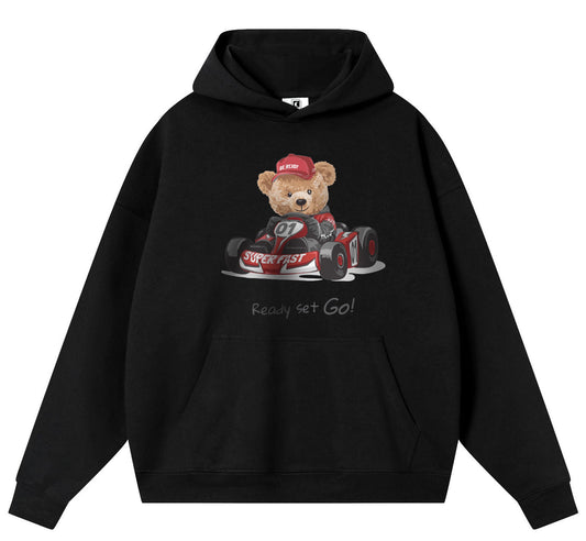 Racing Bear Cotton Hooded Collar Pullover Sweatshirts Casual Long Sleeve Shirts