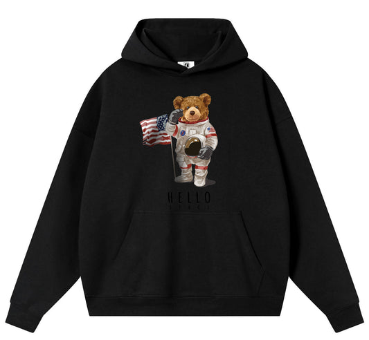 Space Bear Cotton Hooded Collar Pullover Sweatshirts Casual Long Sleeve Shirts