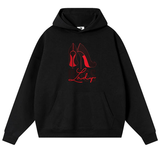 The Red High Heels Cotton Hooded Collar Pullover Sweatshirts Casual Long Sleeve Shirts