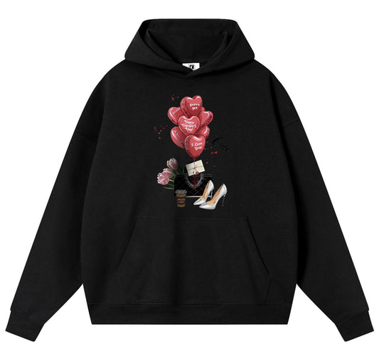 Red heart shaped balloons Cotton Hooded Collar Pullover Sweatshirts Casual Long Sleeve Shirts