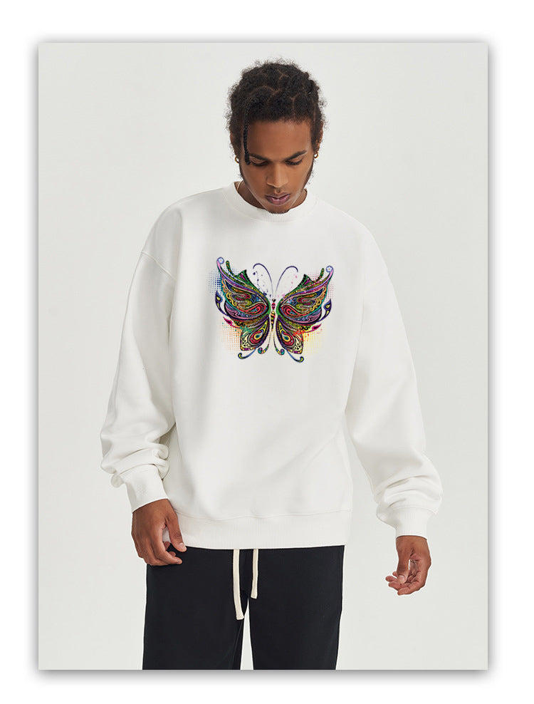 Color Butterfly Cotton with Fleece Long Sleeve Hoodies Crew Neck Couple Gifts