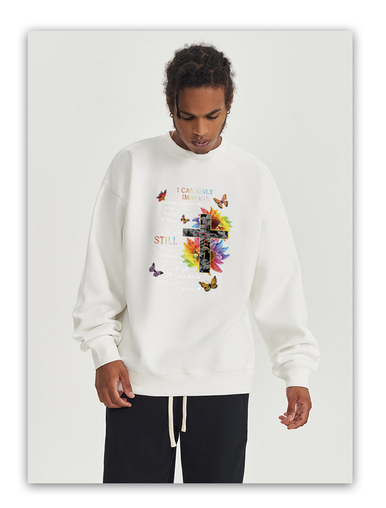 Cross among flowers Cotton with Fleece Unisex Hoodies Crew Neck Sweatshirts