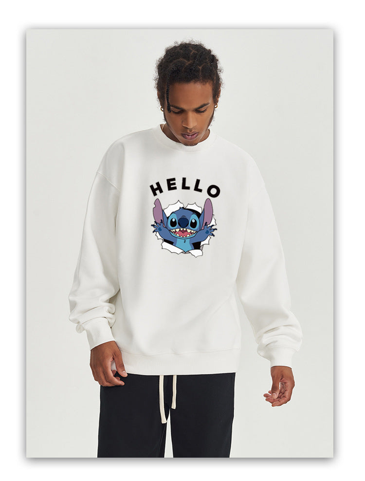 HELLO Stitch Cotton Crew Neck Hoodies Fleece Pullover Sweatshirts