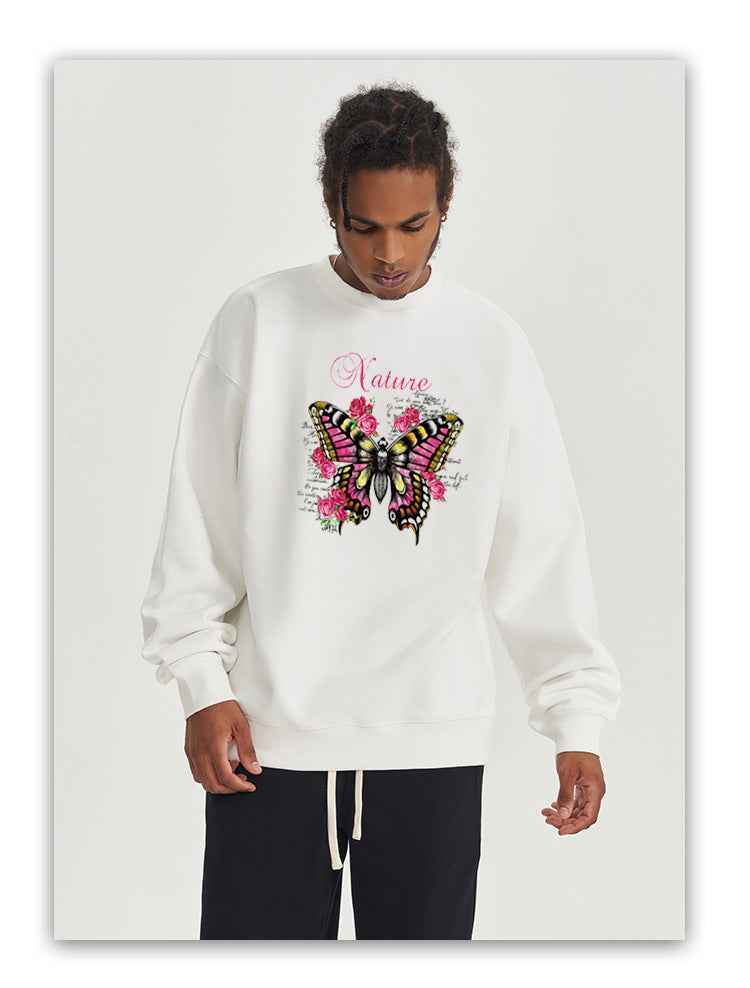 Butterfly among flowers Cotton with Fleece Long Sleeve Hoodies Crew Neck Couple Gifts