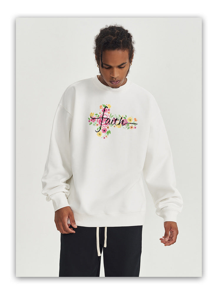 Hand drawn flowers Cotton with Fleece Unisex Hoodies Crew Neck Sweatshirts