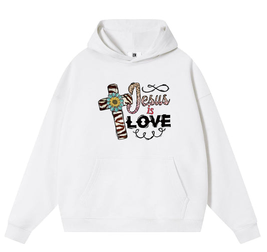 JESUS is love Cotton Hooded Collar Pullover Sweatshirts Casual Long Sleeve Shirts