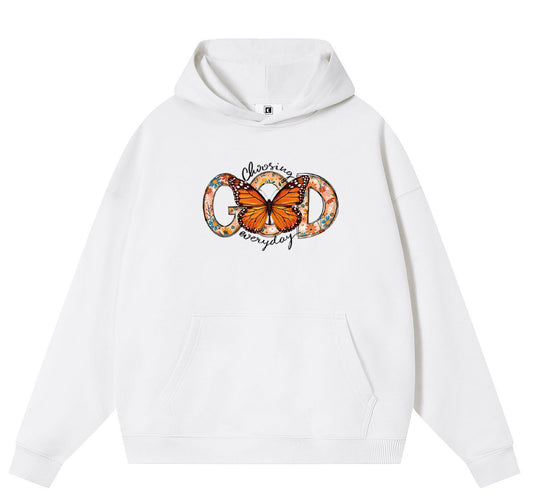 God Behind the Butterfly Cotton Hooded Collar Pullover Sweatshirts Casual Long Sleeve Shirts