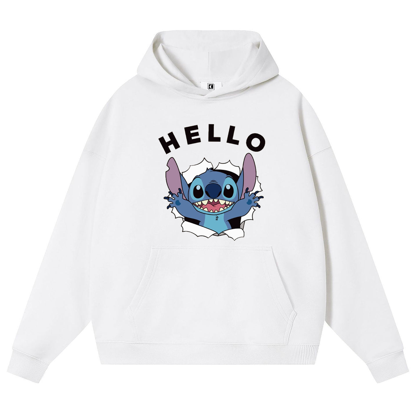 HELLO Stitch Cotton Hooded Collar Pullover Sweatshirts Casual Long Sleeve Shirts