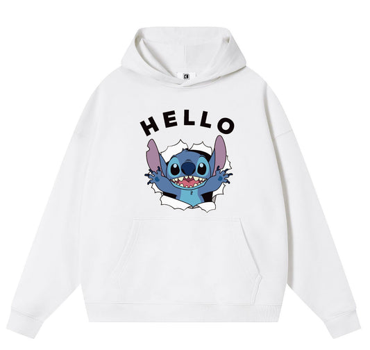 HELLO Stitch Cotton Hooded Collar Pullover Sweatshirts Casual Long Sleeve Shirts