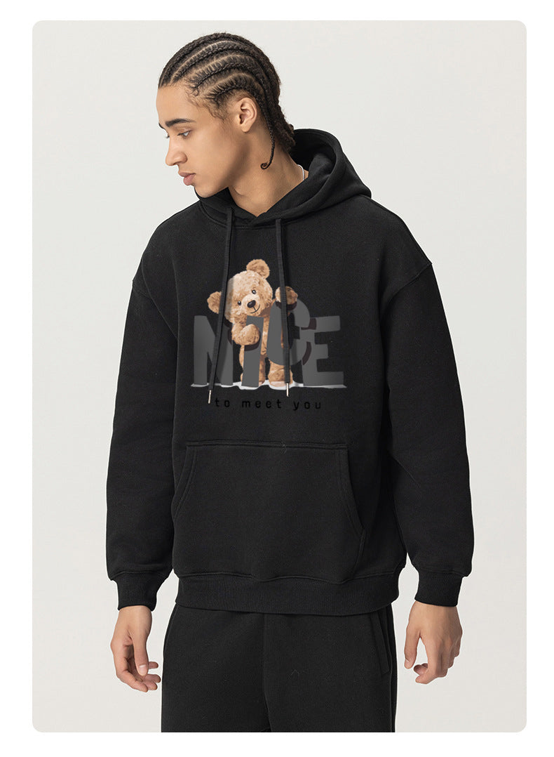 Nice Bear Plush Hooded Collar Drawstring Hoodies Pullover Sweatshirts Casual Long Sleeve Shirts