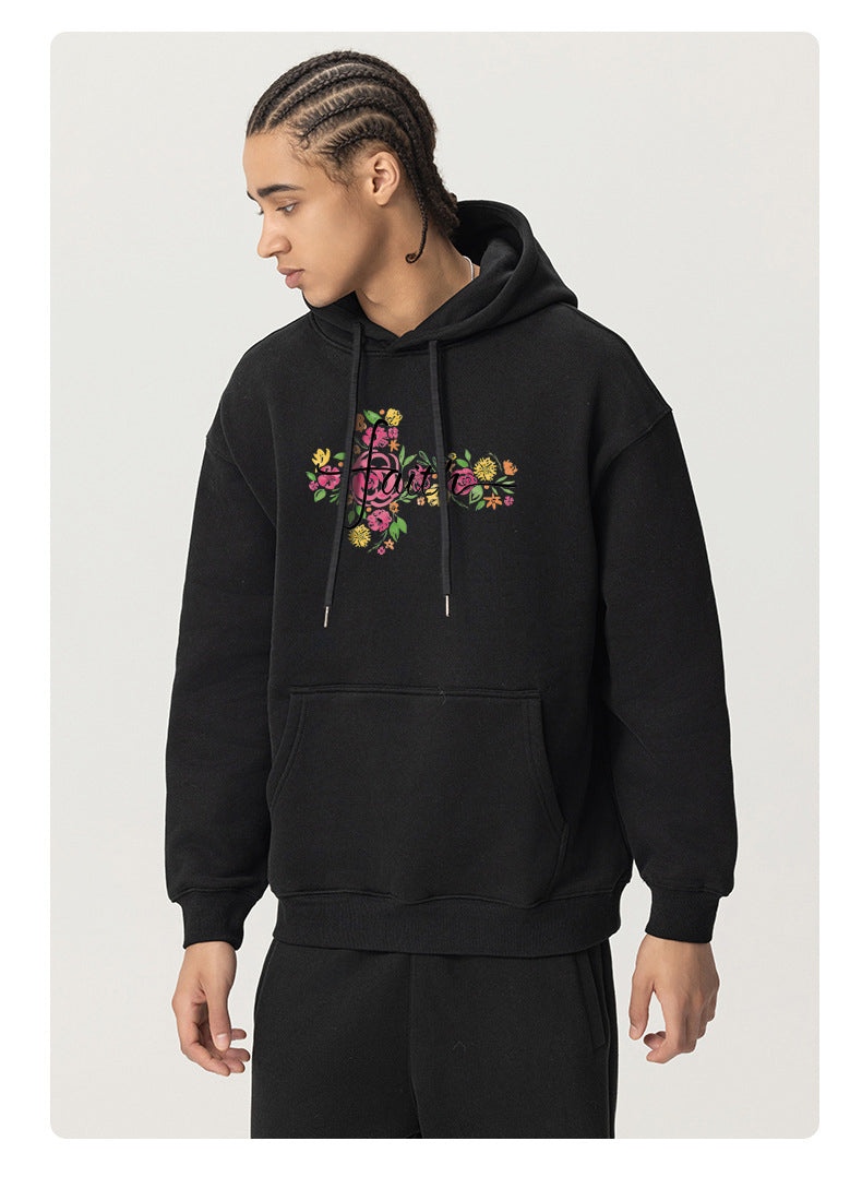 Hand drawn flowers Cotton Plush Hooded Collar Drawstring Hoodies Pullover Sweatshirts Casual Long Sleeve Shirts