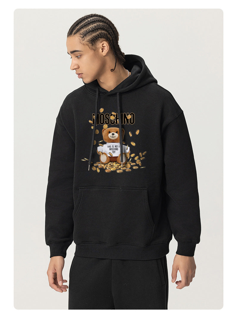 A Rich Bear Plush Hooded Collar Drawstring Hoodies Pullover Sweatshirts Casual Long Sleeve Shirts