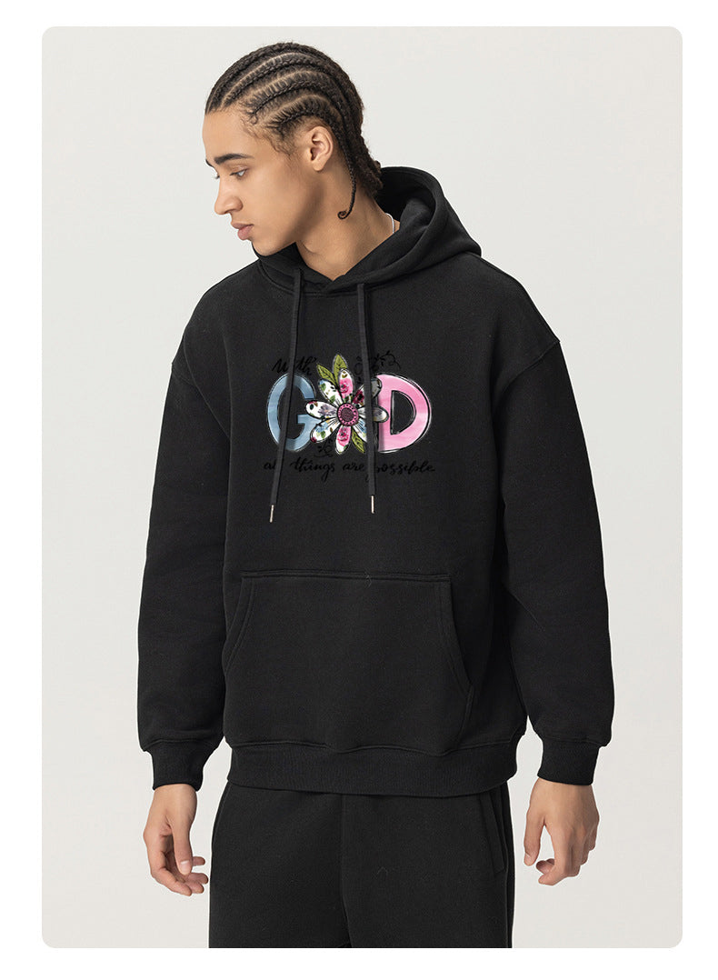 GOD Cotton Plush Hooded Collar Drawstring Hoodies Pullover Sweatshirts Casual Long Sleeve Shirts