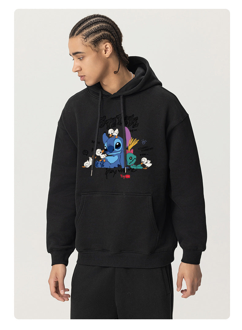 Duckling and Stitch  Unisex Plush Hooded Collar Drawstring Hoodies Pullover Sweatshirts Casual Long Sleeve Shirts