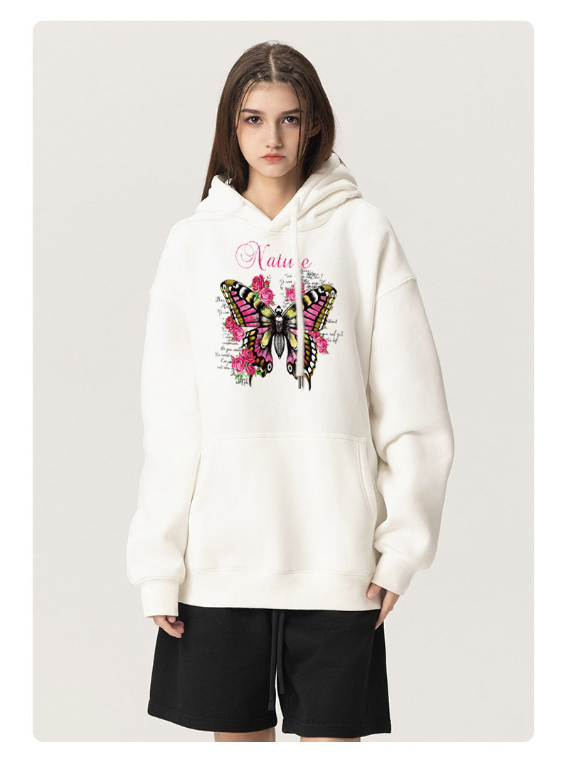 Butterflies and flowers Cotton Plush Hooded Collar Drawstring Hoodies Pullover Sweatshirts Casual Long Sleeve Shirts