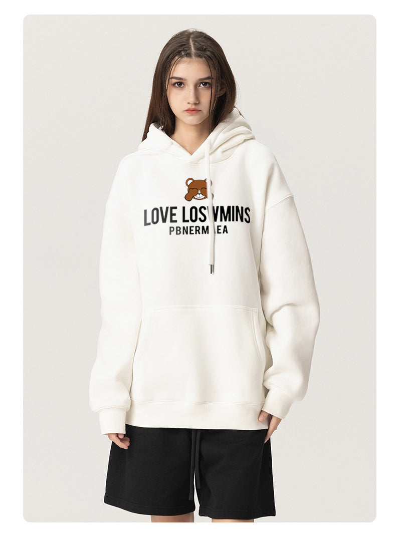 Love Bear Plush Hooded Collar Drawstring Hoodies Pullover Sweatshirts Casual Long Sleeve Shirts