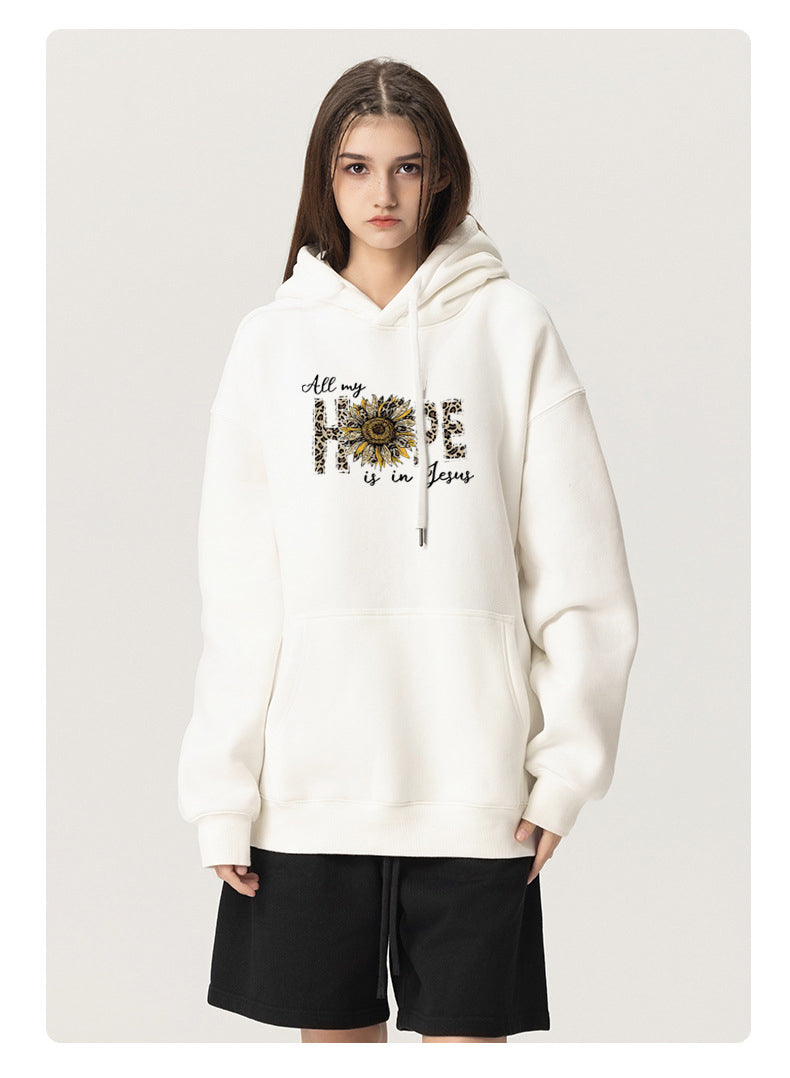 Sunflower of hope Cotton Plush Hooded Collar Drawstring Hoodies Pullover Sweatshirts Casual Long Sleeve Shirts