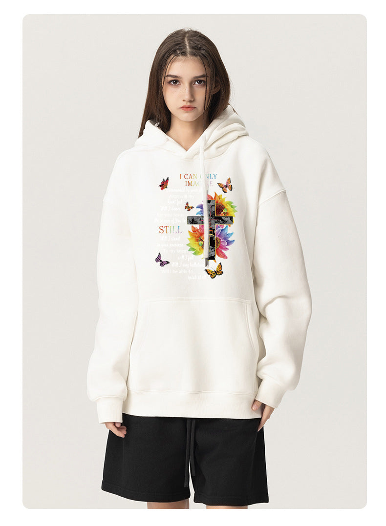 Cross on flowers Cotton Plush Hooded Collar Drawstring Hoodies Pullover Sweatshirts Casual Long Sleeve Shirts