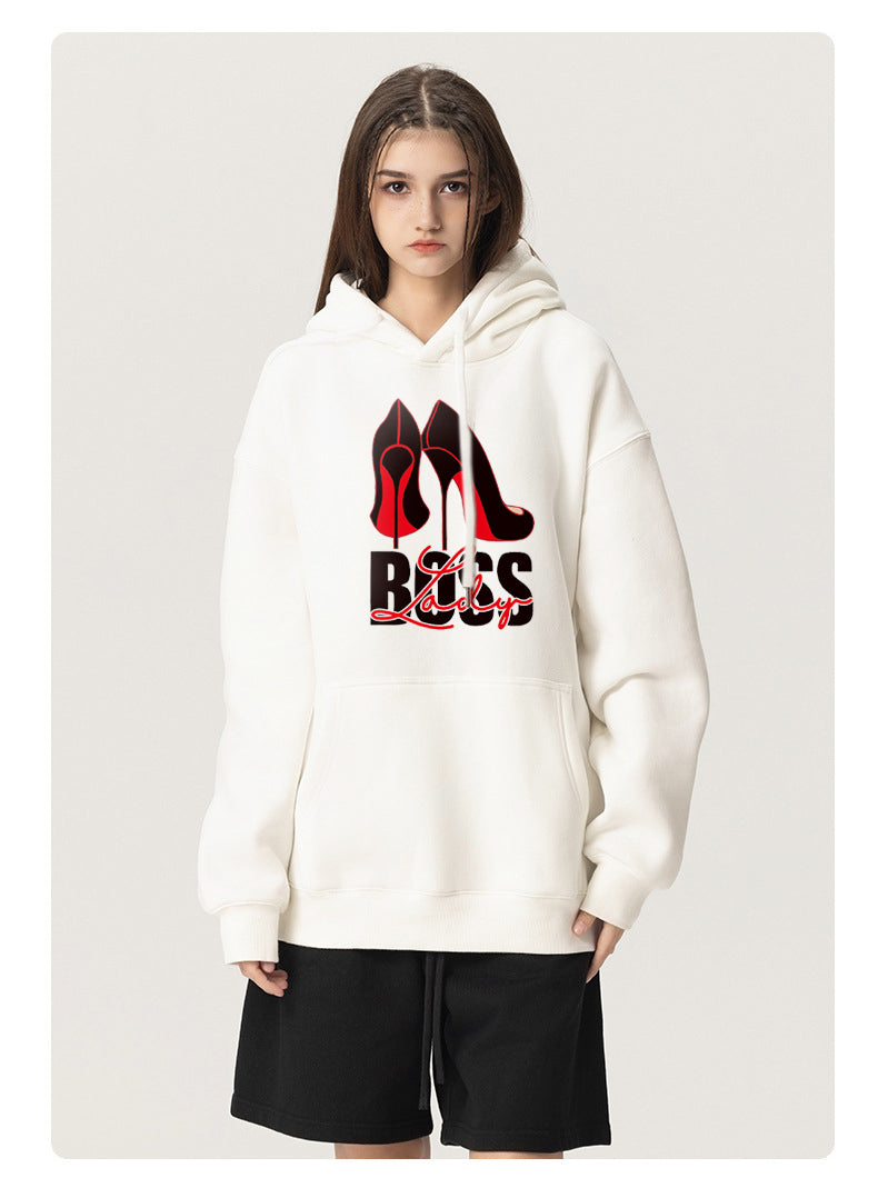 Lady Boss Plush Hooded Collar Drawstring Hoodies Pullover Sweatshirts Casual Long Sleeve Shirts