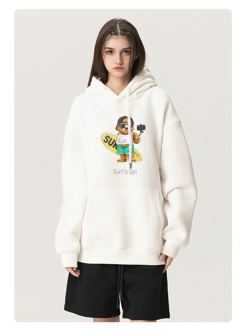 Skateboard Bear  Unisex Plush Hooded Collar Drawstring Hoodies Pullover Sweatshirts Casual Long Sleeve Shirts